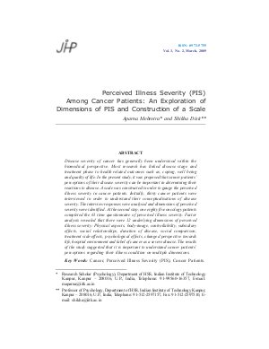 Perceived Illness Severity (PIS) Among Cancer Patients: An Exploration of Dimensions of PIS and Construction of a Scale and Aparna Mehrotra and Shikha Dixit