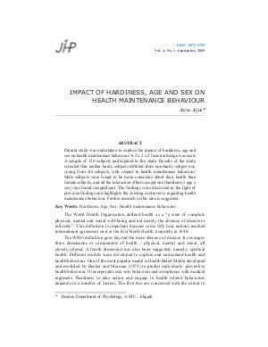 IMPACT OF HARDINESS, AGE AND SEX ON HEALTH MAINTENANCE BEHAVIOUR by Asiya Aijaz