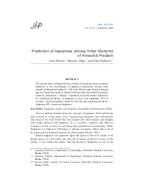 Prediction of Happiness among Tribal Students of Himachal Pradesh by  Anita Sharma, Mausami Thapa and Dalip Malhotra