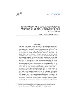 TEMPERAMENT AND SOCIAL COMPETENCE AMONGST CHILDREN: IMPLICATIONS FOR WELL-BEING by Shweta and Gurminder Sokhey