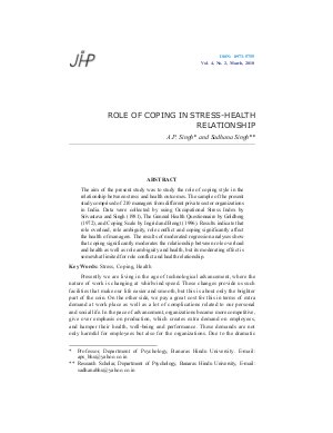 ROLE OF COPING IN STRESS-HEALTH RELATIONSHIP by A.P. Singh and Sadhana Singh
