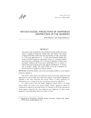 PSYCHO-SOCIAL PREDICTORS OF HAPPINESS DISPOSITION IN THE GENDERS by Anita Sharma and Dalip Malhotra