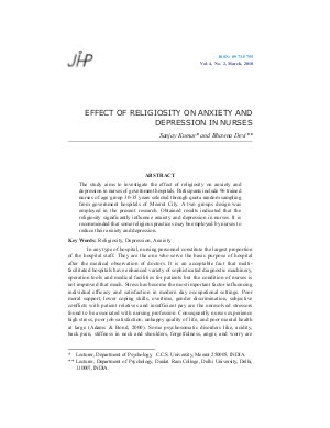 EFFECT OF RELIGIOSITY ON ANXIETY AND DEPRESSION IN NURSES by Sanjay Kumar and Bhawna Devi