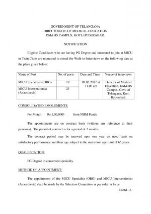 Directorate of Medical Education, Hyd. Recruitment 2017, Apply for 42 Vacancies of MICU Specialists