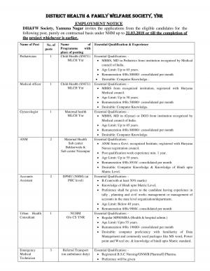 DH&FW; Society, Yamuna Nagar Recruitment 2017 for 24 Posts of Consultant, Medical Officers & Others
