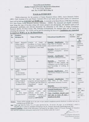 ICFRE Recruitment 2017, Walk in for 7 Vacancies of SRF, JRF and Project Assistant and Field Assistant 
