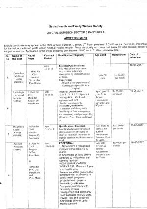 DH&FW; Society, Panchkula Recruitment for 04 Posts of Consultant Medicine, Audiologists & Others