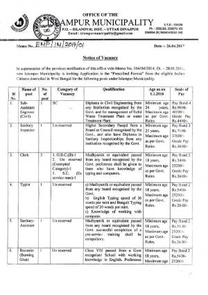 Islampur Municipality, West Bengal Recruitment 2017 for 19 Mazdoor and Other Posts  