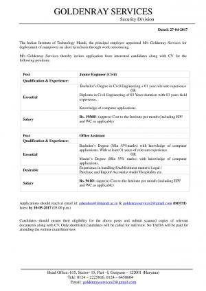 IIT, Mandi Recruitment 2017 for Junior Engineer (Civil) & Office Assistant Post