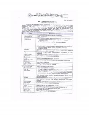 ICMR-NIN, Hyderabad Recruitment 2017 for 03 Project Assistant & Project Technician-III Posts