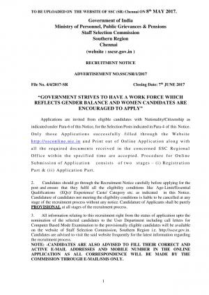 SSCSR Recruitment 2017 for 70 Junior Engineer and Other Posts