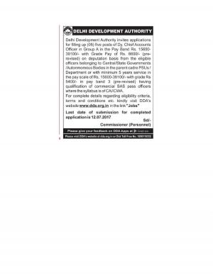 DDA Recruitment 2017, Apply for 5 Vacancies for Dy