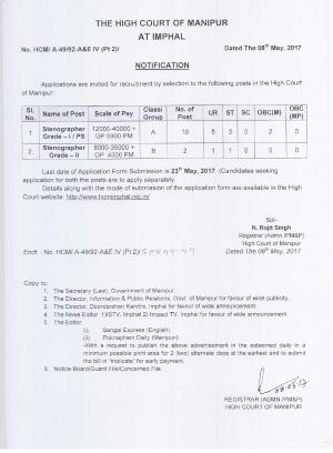 High Court Manipur Recruitment 2017, 12 Vacancies for Stenographer Posts 