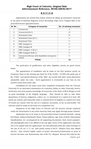 High Court of Calcutta Recruitment 2017 for 18 Assistant Registrar Posts  