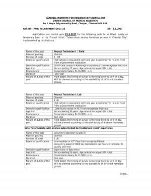 NIRT Recruitment 2017 for 03 Project Technician & DEO Posts