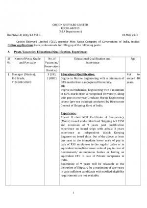 Cochin Shipyard Limited Recruitment 2017 for 5 Managerial Posts