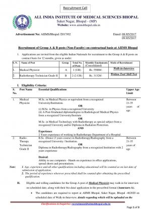 AIIMS, Bhopal Recruitment 2017 for 03 Medical Physicist and Radiotherapy Technician Grade II Posts