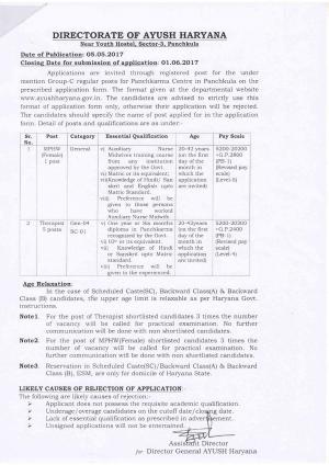 Directorate of AYUSH, Haryana Recruitment 2017 for 06 MPHW and Therapist Posts