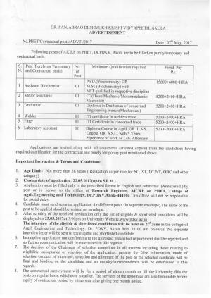 DR. PDKV, Akola Recruitment 2017 for 06 Assistant Biochemist and Other Posts