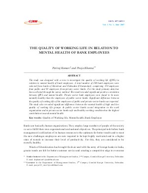 THE QUALITY OF WORKING LIFE IN RELATION TO MENTAL HEALTH OF BANK EMPLOYEES by Patiraj Kumari and Pooja Khanna