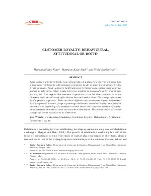 CUSTOMER LOYALTY: BEHAVIOURAL, ATTITUDINAL OR BOTH? by Harsandaldeep Kaur, Harmeen Kaur Soch and Nidhi Sabharwal