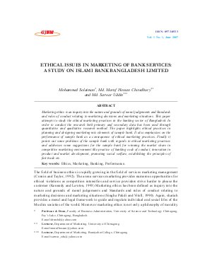 ETHICAL ISSUES IN MARKETING OF BANK SERVICES: A STUDY ON ISLAMI BANK BANGLADESH LIMITED by Mohammed Solaiman, Md. Maruf Hossan Chowdhury and Md. Sarwar Uddin