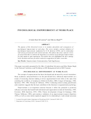 PSYCHOLOGICAL EMPOWERMENT AT WORK PLACE by Urmila Rani Srivastava and Meena Singh