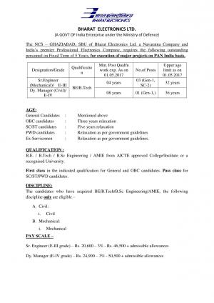 BEL Recruitment 2017 for 04 Senior Engineer (Mechanical) and Deputy Manager (Civil) Posts  