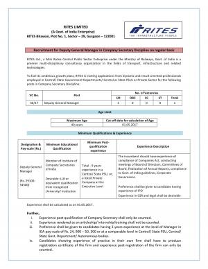 RITES Limited Recruitment 2017 for 01 post of Deputy General Manager