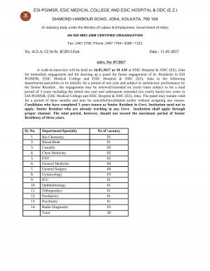 ESIC PGIMSR Hospital, Joka Kolkata Recruitment 2017, 28 Vacancies for Senior Resident Posts 