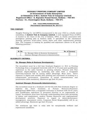 Hooghly Printing Co. Ltd Recruitment 2017 for 02 Dy. Manager and Assistant Manager Posts  