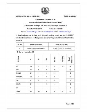 MRB Tamil Nadu Recruitment 2017 for 87 Plaster Technician Grade- II posts