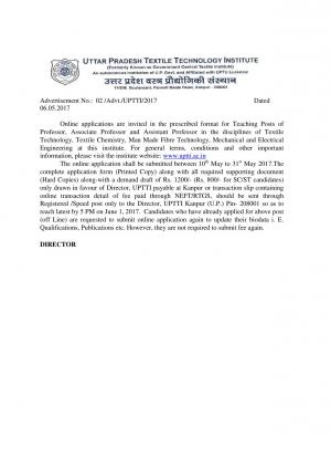 Uttar Pradesh Textile Technology Institute Recruitment 2017 for 10 Teaching Posts