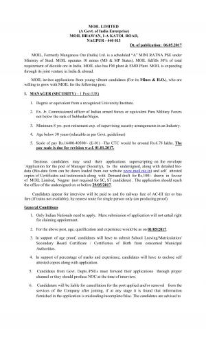 MOIL Limited Recruitment 2017 for 01 Manager (Security) Post