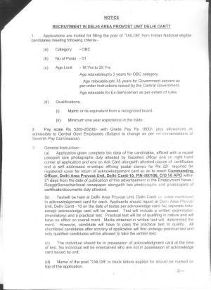 Delhi Cantonment Recruitment 2017, Apply for 1 Tailor Post