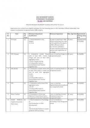HAL Senior Secondary School, Telangana Recruitment for 07 Posts of Principal, Teachers & Others