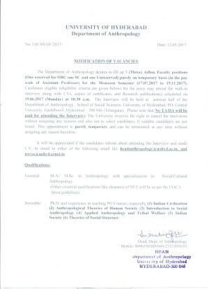 University of Hyderabad Recruitment 2017 for 03 Faculty Posts