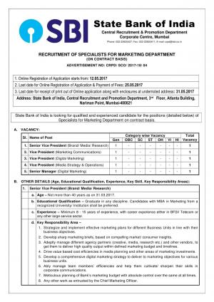 SBI Recruitment 2017, Apply for 5 Specialists (Marketing Department) Posts 