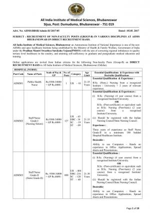 AIIMS, Bhubaneshwar Recruitment 2017 for 1217 Posts of Staff Nurses, Technical Assistants & Others