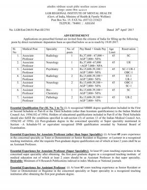 LGBRIMH Recruitment 2017 for 26 Assistant Professor and other Posts