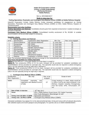 IOCL, Haldia Recruitment 2017 for 22 Visiting Specialists & CDMO Posts 