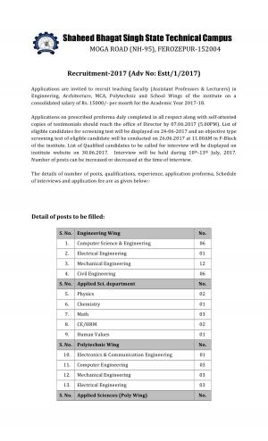 SBSSTC Recruitment 2017 for 59 Teaching Faculty Posts