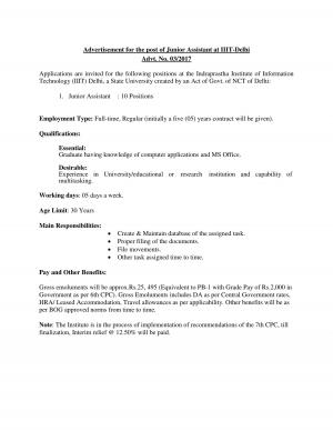 IIIT, Delhi Recruitment 2017 for 10 Junior Assistant Posts