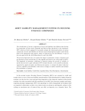 ASSET LIABILITY MANAGEMENT SYSTEM IN HOUSING FINANCE COMPANIES by Dr. Banarasi Mishra, Deepak Kumar Mishra and Shailesh Kumar Dwivedi
