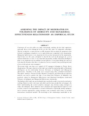 ASSESSING THE IMPACT OF MODERATOR ON TOLERANCE OF AMBIGUITY AND MANAGERIAL EFFECTIVENESS RELATIONSHIP: AN EMPIRICAL STUDY by Shalini Srivastava