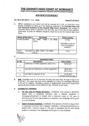 Gauhati High Court Recruitment 2017 for 22 Private Secretary & Senior Personal Assistant Posts