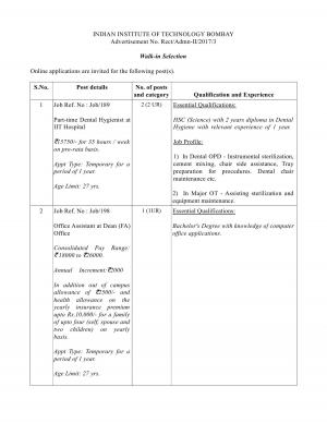 IIT Bombay Recruitment 2017 for 05 Posts of Dental Hygienist, Office Assistant & Others