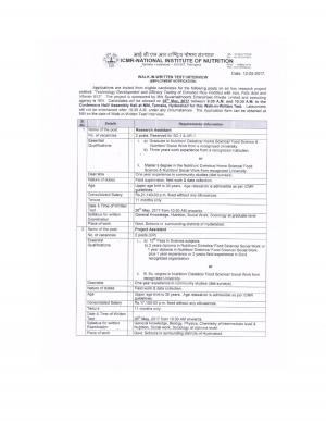 ICMR National Institute of Nutrition Recruitment 2017, 8 Vacancies for Project Assistant and Other 