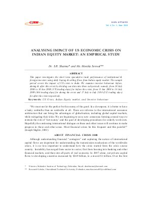 ANALYSING IMPACT OF US ECONOMIC CRISIS ON INDIAN EQUITY MARKET: AN EMPIRICAL STUDY by Dr. S.R. Sharma and Ms. Monika Senwal
