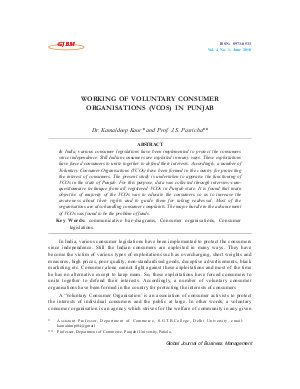 WORKING OF VOLUNTARY CONSUMER ORGANISATIONS (VCOS) IN PUNJAB by Dr. Kamaldeep Kaur and Prof. J.S. Pasricha